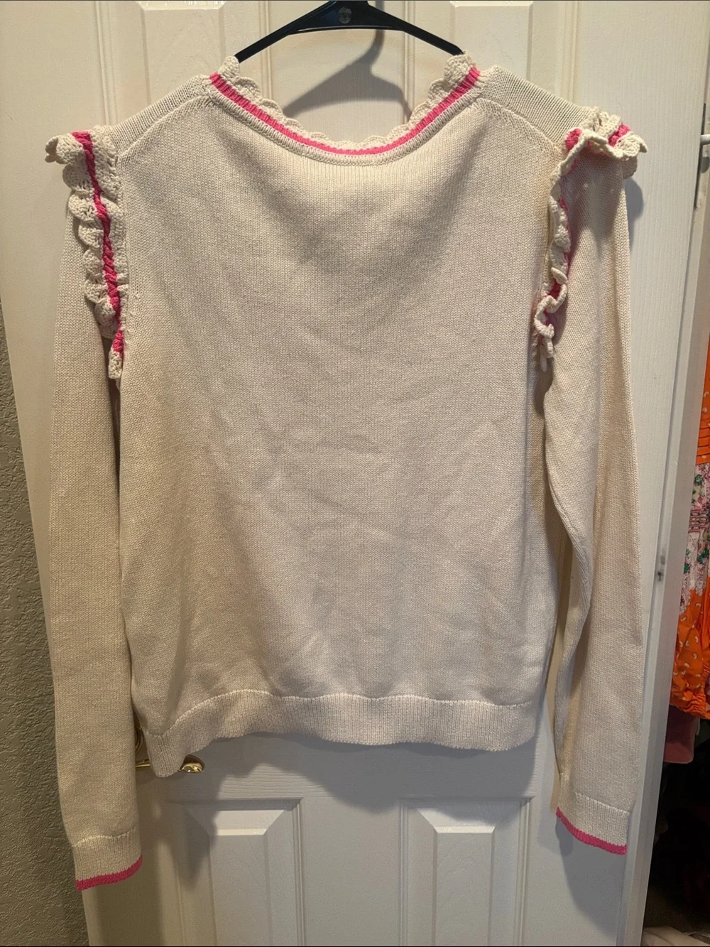 Boden NWT Ivory Crochet Frill Detail Cardigan Pink Ruffle Trim Sweater size M